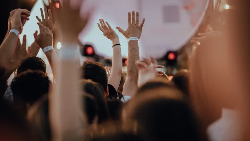 Festival-goers wearing entry wristbands with their hands raised in a crowd