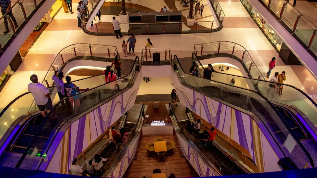 The interior of a multi-level shopping centre with escalators