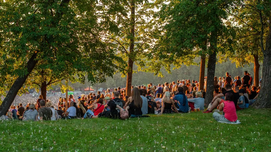 A crowd sitting on the grass under trees at an open-air event