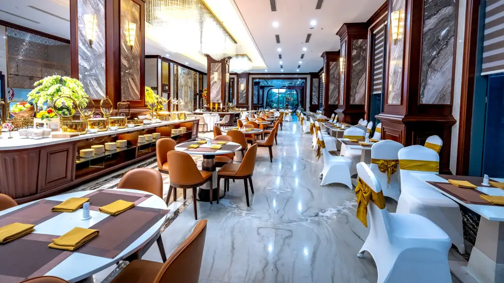 A restaurant dining room with tables set for service