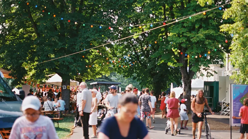 Visitors walking between stalls at an outdoor village fete strung with bunting